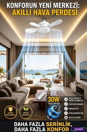 AuraFlow™ 30W Tavan Tipi Fan | Uzaktan Kumandalı Sessiz LED Aydınlatmalı Tavan Vantilatörü | 5 Kanat Premium Seri
