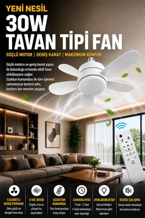 AuraFlow™ 30W Tavan Tipi Fan | Uzaktan Kumandalı Sessiz LED Aydınlatmalı Tavan Vantilatörü | 5 Kanat Premium Seri