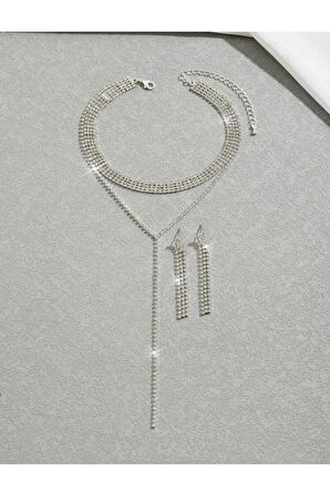 Gümüş Kaplama Stil Kolye Küpe Ve Bileklik Seti 2'lü Set Davet Düğün Nişan Abiye