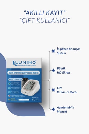 Lumino İngilizce Konuşan Tansiyon Aleti - Pil Dahil & Type-C Girişli - Aritmi Takibi - Büyük Ekran