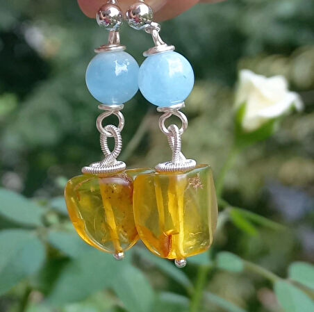 2359 Kehribar Akuamarin el yapımı çelik aparatlı küpe