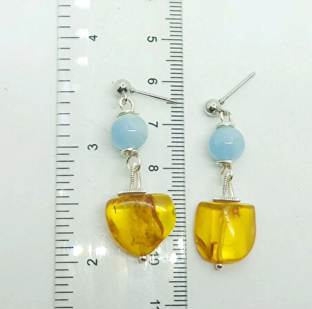 2359 Kehribar Akuamarin el yapımı çelik aparatlı küpe