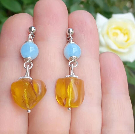 2359 Kehribar Akuamarin el yapımı çelik aparatlı küpe