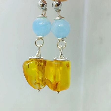 2359 Kehribar Akuamarin el yapımı çelik aparatlı küpe