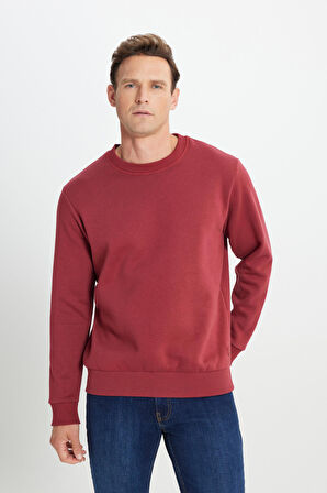 Erkek Bordo Standart Fit Normal Kesim Içi Polarlı 3 Iplik Bisiklet Yaka Pamuklu Sweatshirt