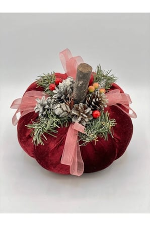 Kadife Dekoratif Balkabağı Masa Süsü - Bordo, Kozalak ve Çam Detaylı Yılbaşı Hediyelik Ev Aksesuarı 30x25cm