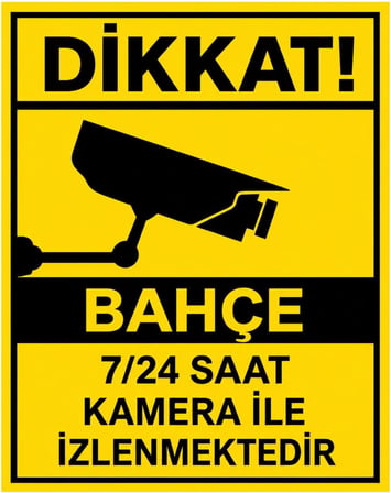 PVC Bahçe Kapı Uyarı Levhası, 25x35 cm, Sarı-Siyah, 7/24 Kamera ile İzlenmektedir İkaz Tabelası