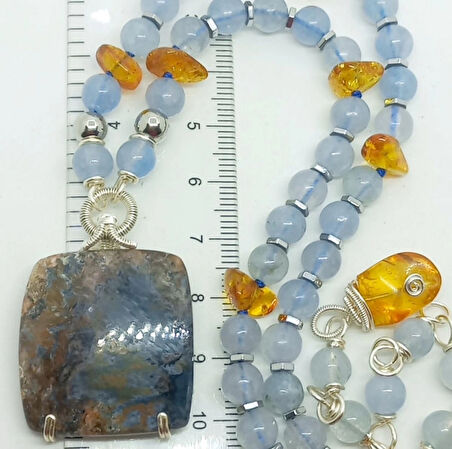 2360 Pietersite Akuamarin Kehribar el yapımı kolye