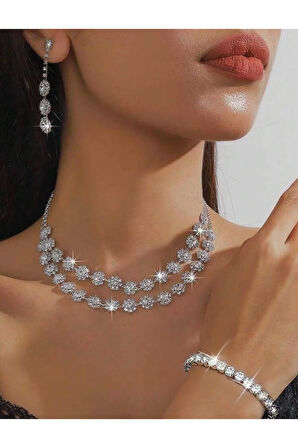 Gümüş Kaplama Beyaz Kolye, Küpe Ve Bileklik Seti 3'lü Set