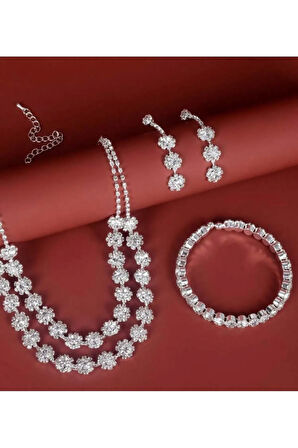 Gümüş Kaplama Beyaz Kolye, Küpe Ve Bileklik Seti 3'lü Set