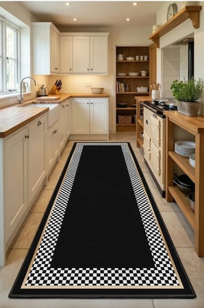 Süslü Kitchen Ortasi Siyah Yazisiz Siyah Modern Mutfak Halısı Yıkanabilir Kaymaz Su İtici