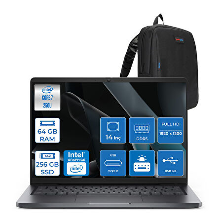 Dell Pro 14 PC14250  Intel Core 7 250U 64GB Ddr5 256GB SSD 14 Fhd+ IPS (1920X1200) 300 Nits Freedos Taşınabilir Bilgisayar. PC14250C7325F16+ZETTAÇANTA