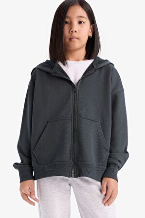 Kız Çocuk Kapüşonlu Basic Düz Cepli Fermuarlı Sweatshirt