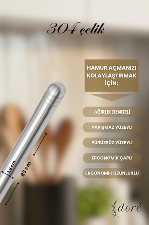 85 Cm Gümüş Tasarım Paslanmaz Çelik Oklava 304 Çelik Ince Hamur Açmaya Uygun Ağırlık Dengeli Merdane