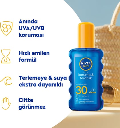 NIVEA SUN SPF30 Güneş Koruyucu Vücut Spreyi 200ml, Ferahlatıcı, Suya Dayanıklı, Anında UVA UVB Koruması