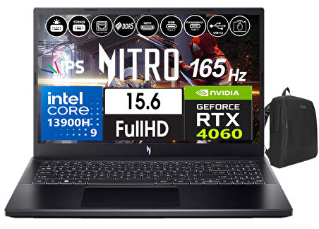 Acer Nitro 5 ANV15-51 V15 Ntel Core I9-13900H 96GB Ddr5 512GB SSD 8GB/RTX4060 WINDOWS11PRO 15.6" 165Hz Fhd Taşınabilir Bilgisayar NHQQEEY00557+WEBLEGELSINÇANTA
