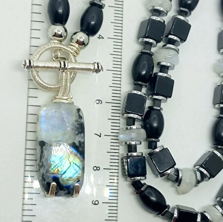 2362 Ay taşı Akik Oniks Obsidyen Hematit Erkek kolye bileklik el yapımı set