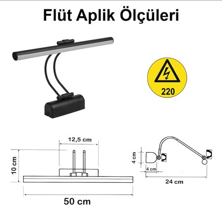 Flüt Led Aplik Elektrikli 3200K Gün Işığı 50 cm Banyo Tablo ve Çalışma Masası Duvar Aydınlatma Modern Tasarımlı Enerji Tasarruflu Led Lamba Siyah