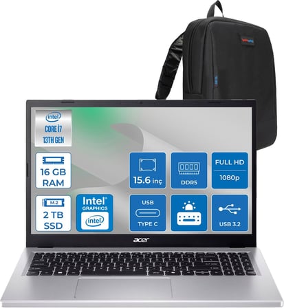 Acer Aspire Go 15 Intel Core I7-13620H Ddr5 16GB 2tb SSD Freedos Intel UHD Graphics 15,6" Fhd (1920 x 1080) IPS Taşınabilir Bilgisayar NXJ6SEY001F04 + Zetta Çanta