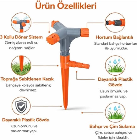 3 Kollu Döner Bahçe Fıskiyesi, 360° Sulama, Kazıklı Montaj, Hortum Bağlantılı, Çim ve Sebze Bahçesi için