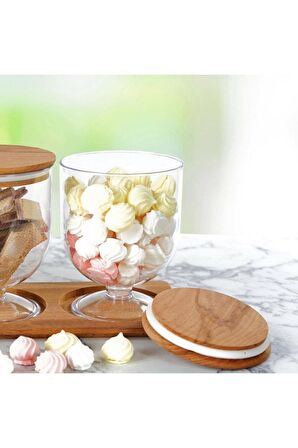 WLLN Candy Saklama Kabı Seti 1.5 L  Vakumlu Ahşap Kapak