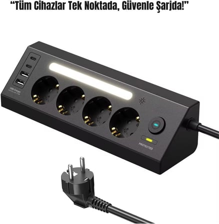 SMAYLİNG Akım Korumalı Çoklu Priz | 4 Priz Girişi + 2 USB-C + 2 USB-A Çıkışı | 2 Metre Kablo | LED Işıklı | Hızlı Şarj ve Güvenli Kullanım