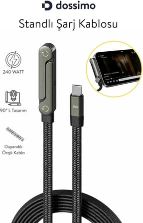 DSTN-41 240W Ultra Hızlı Type-C Şarj Kablosu Katlanabilir Stand 1.5M Örgülü 2in1 Stand+Şarj Kablosu