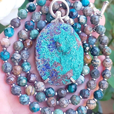 2364 Azurit Krizokol  el yapımı kolye