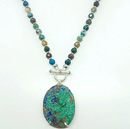 2364 Azurit Krizokol  el yapımı kolye