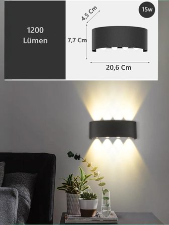 Kapri 15W Dekoratif Çift Yönlü LED Duvar Apliği - 8 LED'li Modern Tasarım, Cata Dış ve İç Mekan Aydınlatma Lambası, Siyah Kasa, Gün Işığı