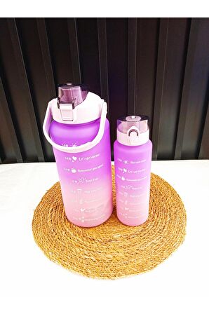Su Matarası 2'li Motivasyonel Suluk 2lt+900ml Spor Salonu Su Şişesi Yavrulu Sticker Süslemeli