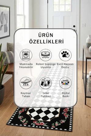 Mimoza Bordo Dijital Baskılı Kaymaz Yıkanabilir Yolluk - Leke Tutmaz