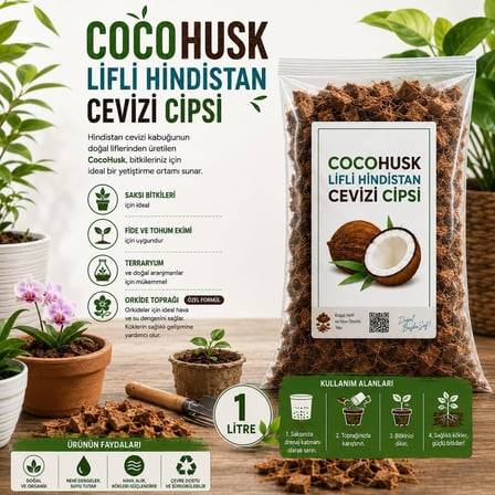 CocoHusk 1 LİTRE Lifli Hindistan Cevizi Cipsi Orkide Toprağı Saksı Bitkileri Doğal Coco Chips