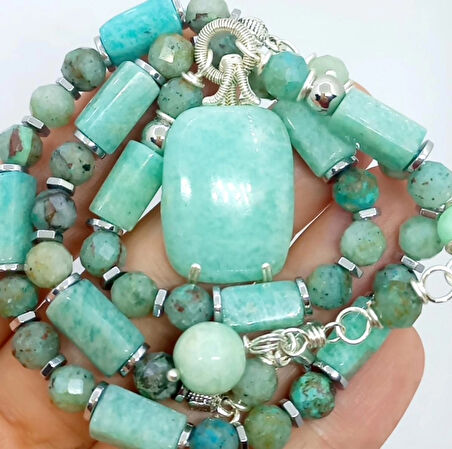 2366 Amazonit Krizokol Hematit el yapımı kolye