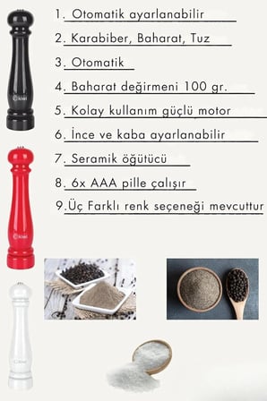 Pilli Seramik Otomatik Ayarlanabilir Tuz Karabiber Değirmeni Kuru Baharat Öğütücü (Hediyelik) 4810 3