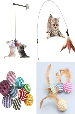 4'lü Set: İp Sarma Top, Vantuzlu Kedi Oltası, Tüylü Top ve 90 Cm Olta