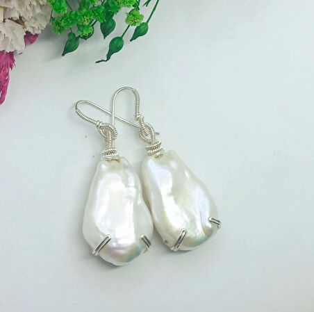 2368 Üst kalite Barok İnci Gümüş el yapımı küpe B