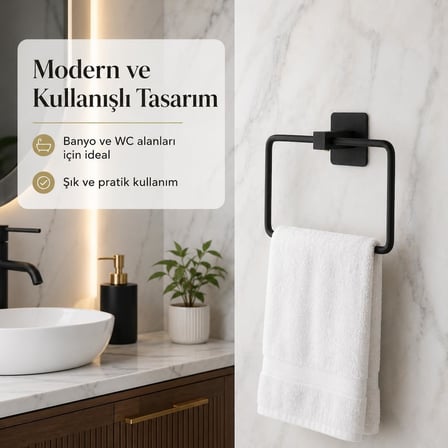 Siyah Kare Havluluk, Yapışkanlı ve Vidalı Montajlı Duvara Monte Havlu Askısı, Mat Siyah Banyo Aksesuarı