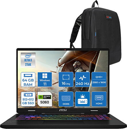 Msı Crosshaır 16 Hx Aı D2XWFKG-093TR Intel Core Ultra 9-275HX Aı 64GB 512GB SSD+512GB SSD 8GB/RTX5060 115W 16 Inç 2k QHD+2560 x 1600 240Hz WINDOWS11PRO Gaming Laptop Z093TRP26+ZETTAÇANTA