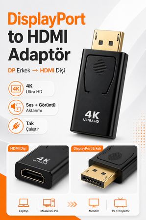 DisplayPort to HDMI Çevirici Adaptör DisplayPort Erkek HDMI Dişi PC Laptop TV Projeksiyon