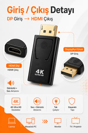 DisplayPort to HDMI Çevirici Adaptör DisplayPort Erkek HDMI Dişi PC Laptop TV Projeksiyon