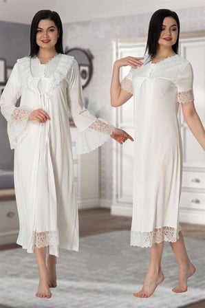 Bestin Kadın Ekru Dantelli Hamile Lohusa Sabahlıklı Gecelik Takım, S, DS5045EF-89C0018316669