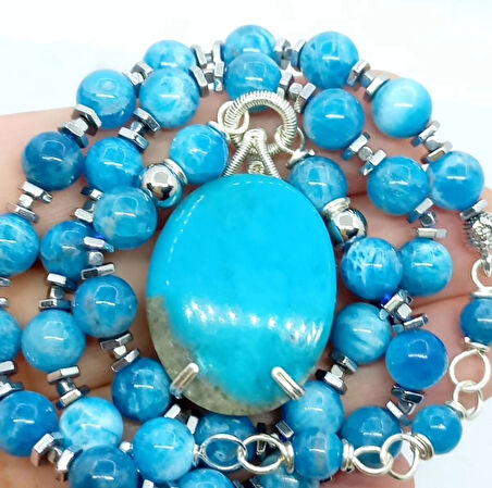 2370 İran Nişabur oval Firuze Apatit Hematit el yapımı kolye