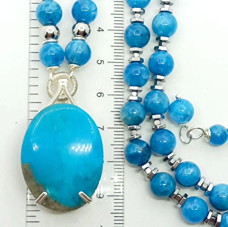 2370 İran Nişabur oval Firuze Apatit Hematit el yapımı kolye