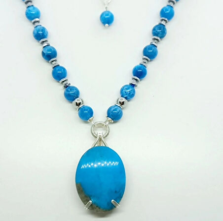 2370 İran Nişabur oval Firuze Apatit Hematit el yapımı kolye