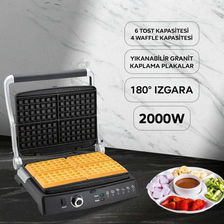 KWM1462 Waffle Master Izgara, Tost ve Waffle Makinesi | 2000W Güç | Granit Kaplama Plakalar | 6 Tost &amp; 4 Waffle Kapasitesi | 180° Açılabilen Izgara