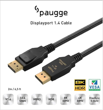 Paugge V1.4 Vesa DisplayPort Sertifikalı 32.40 Gbps Bandwith HBR3 8K 60Hz, 4K 120Hz, 4K 60Hz, 2K 165Hz, 1080p 240Hz Destekli HDR, FreeSync, G-Sync Displayport Kablo
