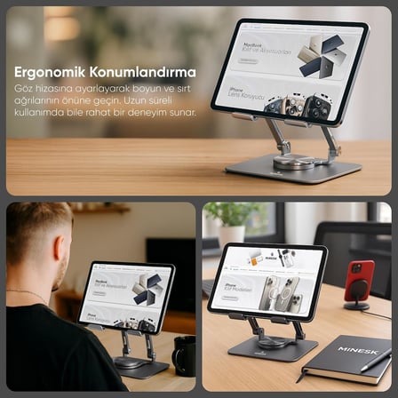 Minesk Tablet Standı 360 Derece Dönebilen Katlanabilir Ergonomik Tablet Tutucu