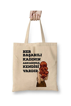 Her Kadın Başarılıdır Komik Bez Çanta Uzun Saplı Alışveriş Çantası Plaj Çantası