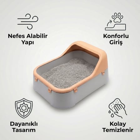 Kedi Kumu Kabı Geniş Hacimli Kedi Tuvaleti Plastik Kedi Tuvalet Kabı Açık Kedi Kum Kabı Kolay Temizlenebilir Dayanıklı Tasarım (Açık Gri-Krem)